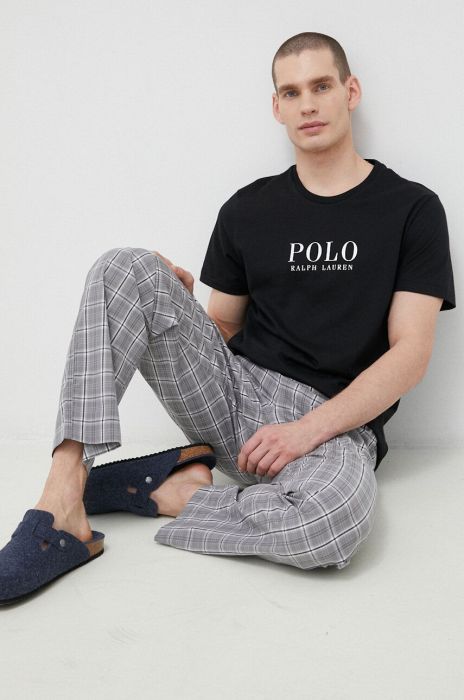 Бавовняна піжамна футболка Polo Ralph Lauren колір чорний з принтом Бавовняна піжамна футболка Polo Ralph Lauren колір чорний з принтом