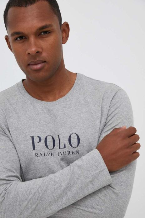 Піжамний бавовняний лонгслів Polo Ralph Lauren колір сірий з принтом Піжамний бавовняний лонгслів Polo Ralph Lauren колір сірий з принтом