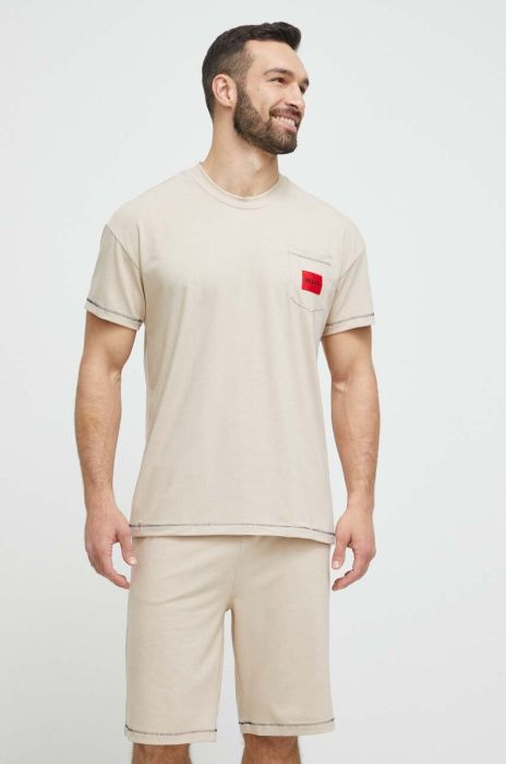 Піжама HUGO чоловіча колір бежевий однотонна Піжама HUGO чоловіча колір бежевий однотонна