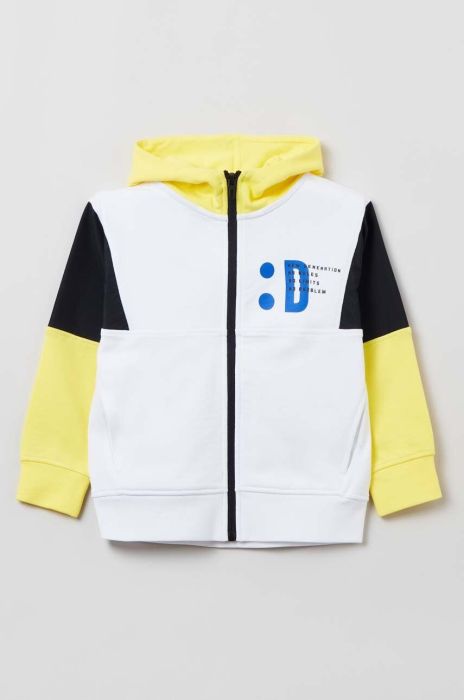 Дитяча бавовняна кофта OVS колір білий з капюшоном з принтом Дитяча бавовняна кофта OVS колір білий з капюшоном з принтом