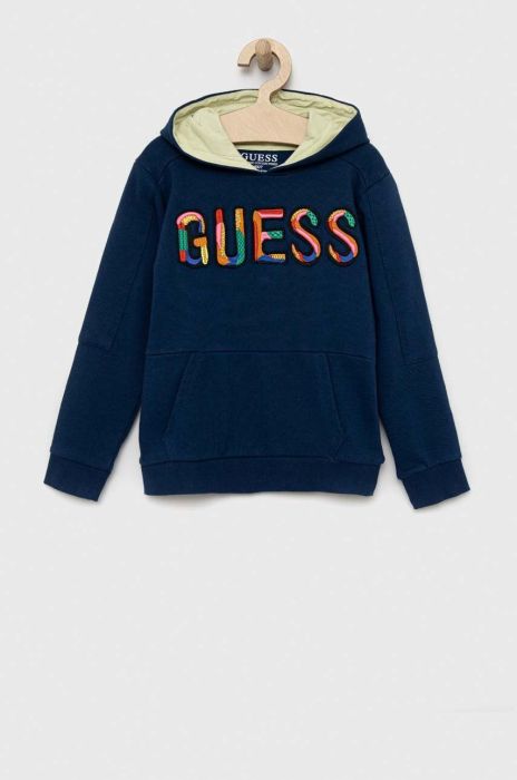 Дитяча бавовняна кофта Guess з капюшоном з аплікацією колір блакитний