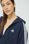 Бавовняна кофта adidas жіноча колір синій з капюшоном з аплікацією Бавовняна кофта adidas жіноча колір синій з капюшоном з аплікацією