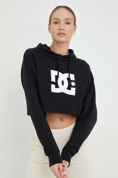 Бавовняна кофта DC жіноча колір чорний з капюшоном з принтом Бавовняна кофта DC жіноча колір чорний з капюшоном з принтом