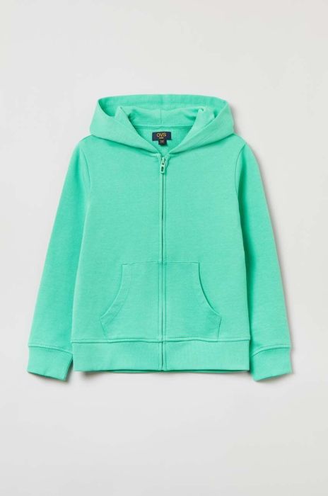 Дитяча бавовняна кофта OVS колір зелений з капюшоном однотонна Дитяча бавовняна кофта OVS колір зелений з капюшоном однотонна
