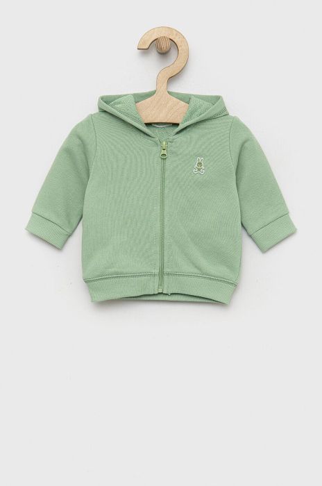 Бавовняна кофта для немовлят United Colors of Benetton колір зелений з капюшоном однотонна Бавовняна кофта для немовлят United Colors of Benetton колір зелений з капюшоном однотонна