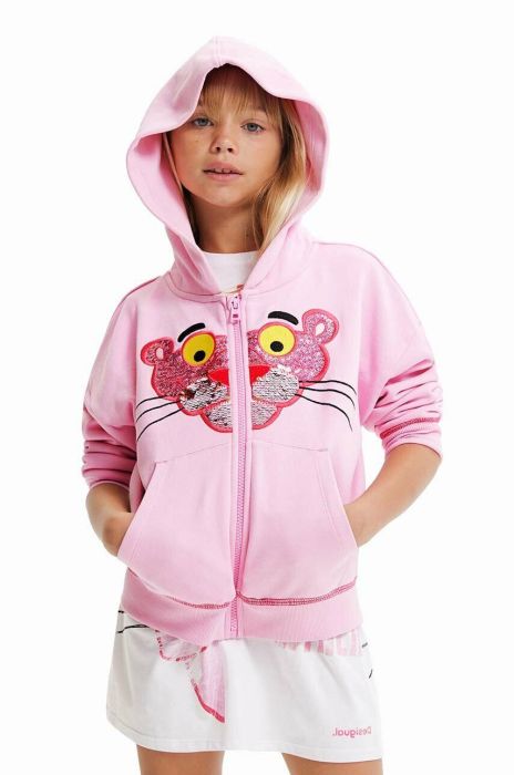 Дитяча бавовняна кофта Desigual Pink Panther колір рожевий з капюшоном з аплікацією Дитяча бавовняна кофта Desigual Pink Panther колір рожевий з капюшоном з аплікацією