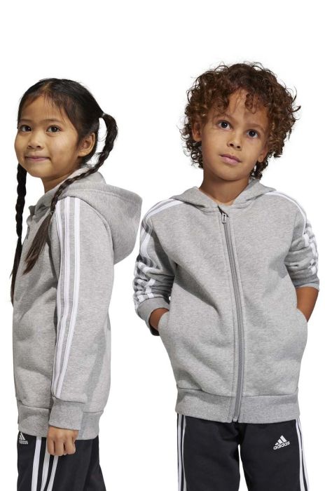 Дитяча кофта adidas LK 3S FL FZ колір сірий з капюшоном меланж Дитяча кофта adidas LK 3S FL FZ колір сірий з капюшоном меланж