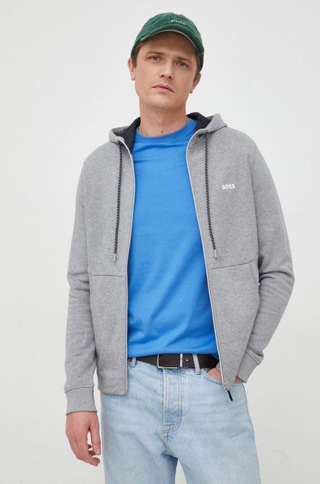 Бавовняна кофта BOSS BOSS GREEN чоловіча колір сірий з капюшоном однотонна Бавовняна кофта BOSS BOSS GREEN чоловіча колір сірий з капюшоном однотонна