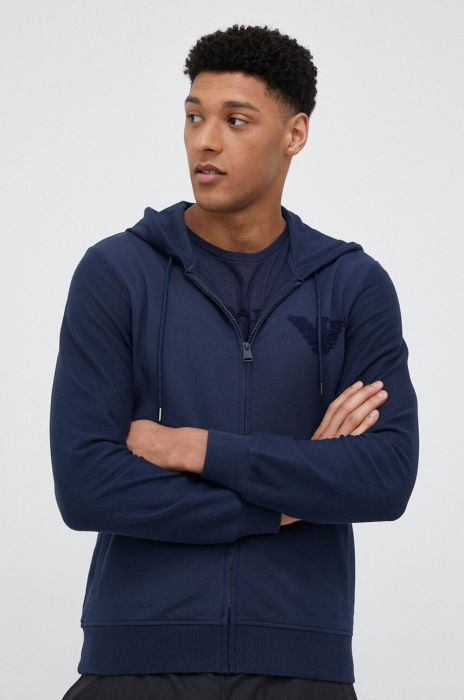 Пляжна кофта Emporio Armani Underwear чоловіча колір синій з капюшоном з аплікацією Пляжна кофта Emporio Armani Underwear чоловіча колір синій з капюшоном з аплікацією