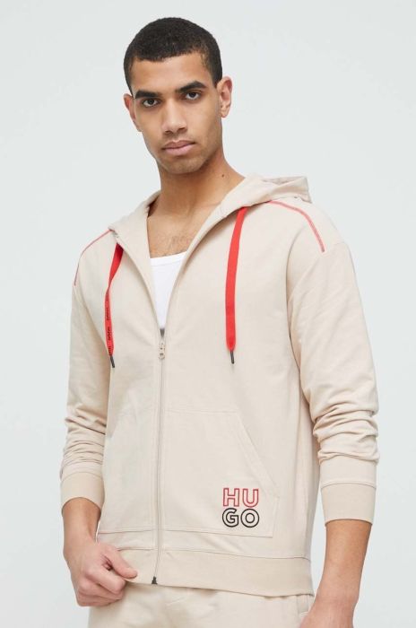Бавовняна кофта лаунж HUGO колір бежевий з капюшоном однотонна