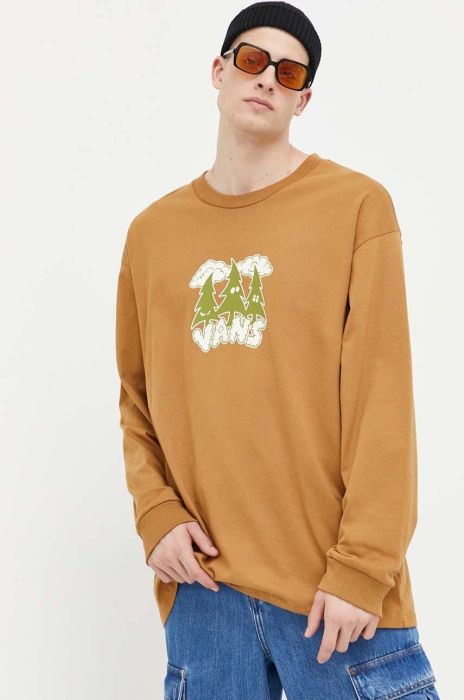 Бавовняний лонгслів Vans колір коричневий з принтом (3212086)