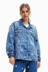 Бавовняна джинсова куртка Desigual перехідна oversize колір блакитний Бавовняна джинсова куртка Desigual перехідна oversize колір блакитний