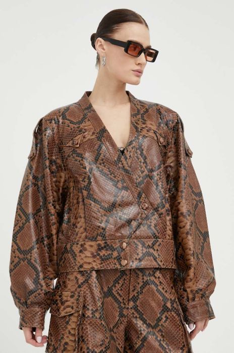 Шкіряна куртка Gestuz Rivera жіноча колір коричневий перехідна oversize Шкіряна куртка Gestuz Rivera жіноча колір коричневий перехідна oversize