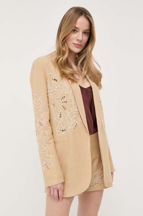 Льняний жакет Twinset колір бежевий без застібки візерунок