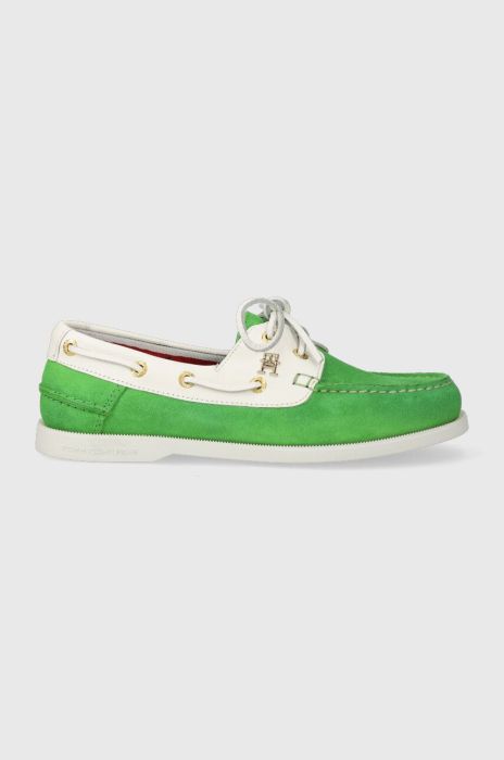 Замшеві мокасини Tommy Hilfiger TH BOAT SHOE жіночі колір зелений на плоскому ходу FW0FW07066 Замшеві мокасини Tommy Hilfiger TH BOAT SHOE жіночі колір зелений на плоскому ходу FW0FW07066