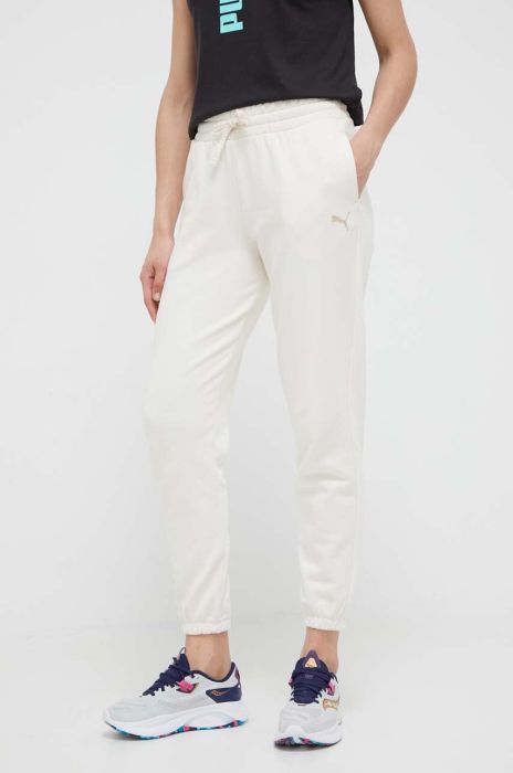 Бавовняні спортивні штани Puma колір бежевий однотонні Бавовняні спортивні штани Puma колір бежевий однотонні