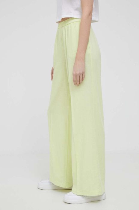 Льняні штани Sisley колір жовтий широке висока посадка Льняні штани Sisley колір жовтий широке висока посадка