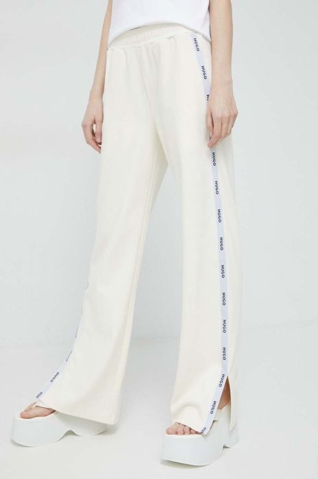 Спортивні штани HUGO колір бежевий пряме висока посадка Спортивні штани HUGO колір бежевий пряме висока посадка