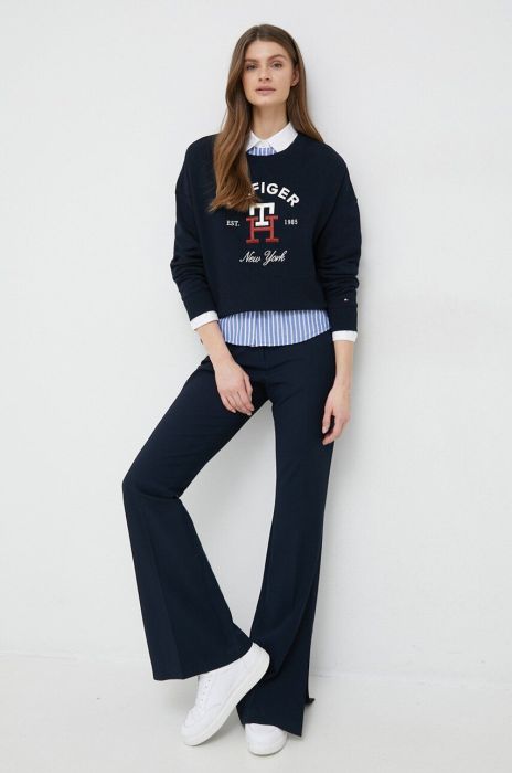 Штани Tommy Hilfiger жіночі колір синій кльош висока посадка Штани Tommy Hilfiger жіночі колір синій кльош висока посадка