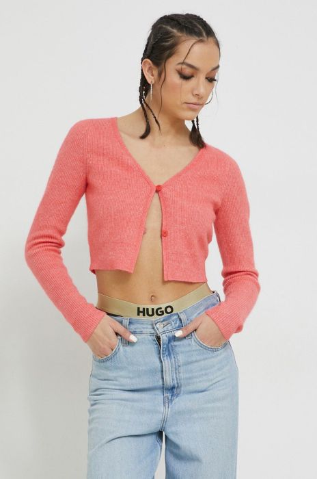 Вовняний кардиган HUGO жіночий колір помаранчевий легкий Вовняний кардиган HUGO жіночий колір помаранчевий легкий