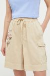 Шорти з домішкою льону Twinset колір бежевий з аплікацією висока посадка Шорти з домішкою льону Twinset колір бежевий з аплікацією висока посадка
