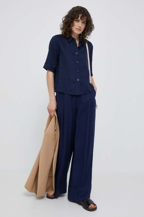 Льняні штани United Colors of Benetton колір синій широке висока посадка Льняні штани United Colors of Benetton колір синій широке висока посадка