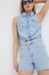 Джинсові шорти Wrangler жіночі однотонні висока посадка колір блакитний (3255895) Джинсові шорти Wrangler жіночі однотонні висока посадка колір блакитний (3255895)