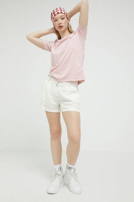 Лляні шорти Superdry колір бежевий однотонні висока посадка