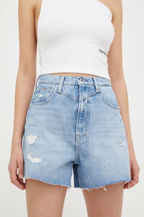 Джинсові шорти Pepe Jeans жіночі однотонні висока посадка колір блакитний (3219780)