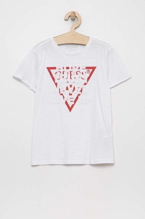Дитяча бавовняна футболка Guess колір білий з принтом (2878180) Дитяча бавовняна футболка Guess колір білий з принтом (2878180)