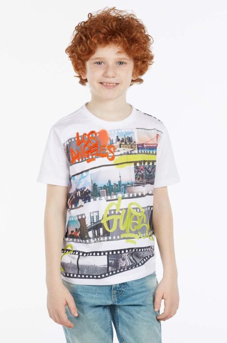 Дитяча бавовняна футболка Guess колір білий візерунок (2933928) Дитяча бавовняна футболка Guess колір білий візерунок (2933928)