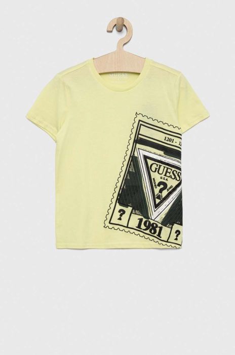 Дитяча бавовняна футболка Guess колір зелений з принтом (3046512)