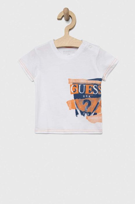 Бавовняна футболка для немовлят Guess колір білий з принтом (3046552) Бавовняна футболка для немовлят Guess колір білий з принтом (3046552)