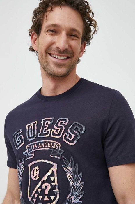 Бавовняна футболка Guess колір синій з принтом (2894308)