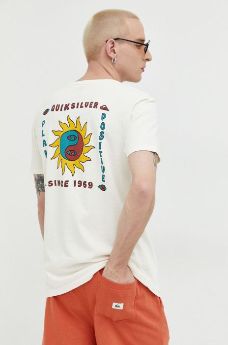 Бавовняна футболка Quiksilver колір бежевий з принтом (3076152) Бавовняна футболка Quiksilver колір бежевий з принтом (3076152)