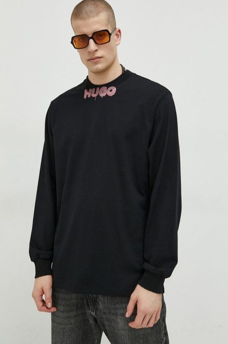 Бавовняний лонгслів HUGO колір чорний з принтом (3129817)