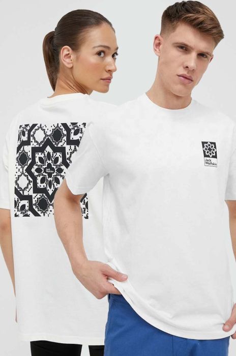 Бавовняна футболка Jack Wolfskin 10 колір бежевий з принтом Бавовняна футболка Jack Wolfskin 10 колір бежевий з принтом