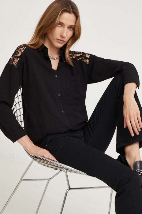 Сорочка з льоном Answear Lab колір чорний relaxed класичний комір
