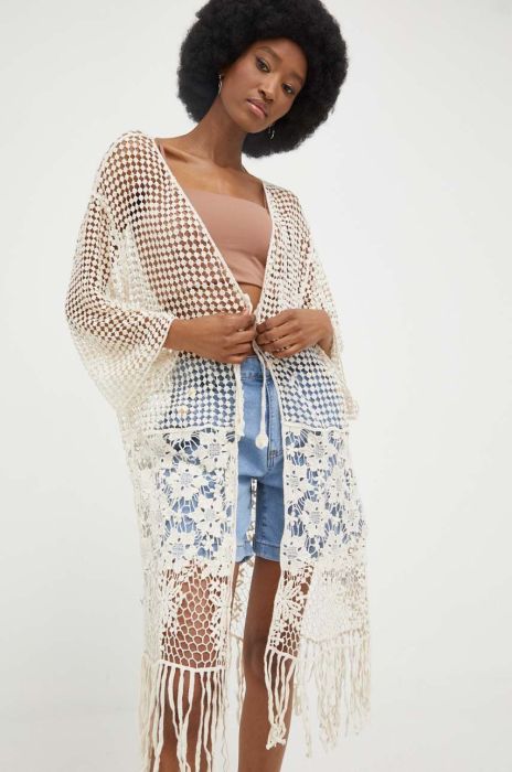 Бавовняна накидка Answear Lab колір бежевий без застібки однотонна Бавовняна накидка Answear Lab колір бежевий без застібки однотонна