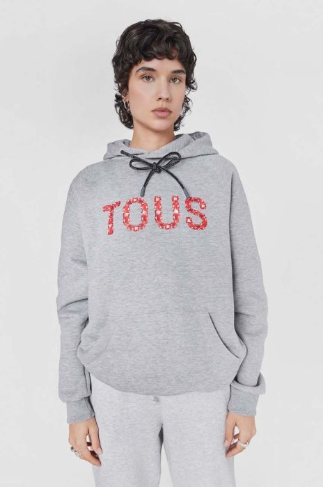 Бавовняна кофта Tous жіноча колір сірий з капюшоном з принтом Бавовняна кофта Tous жіноча колір сірий з капюшоном з принтом
